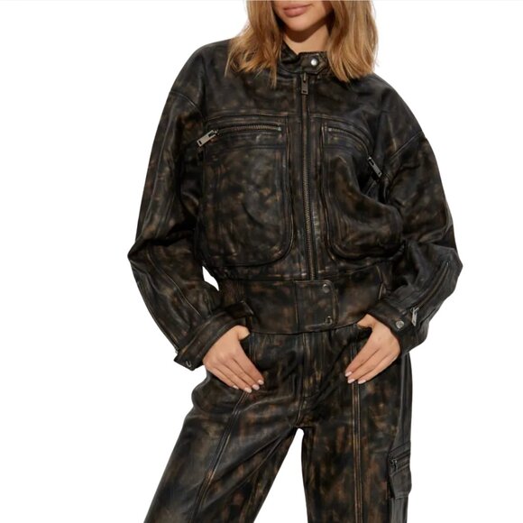 547. GESTUZ Lineragz Lamb Leather Jacket Black Brown $1469 NWT Sz 36 Small - Picture 1 of 9